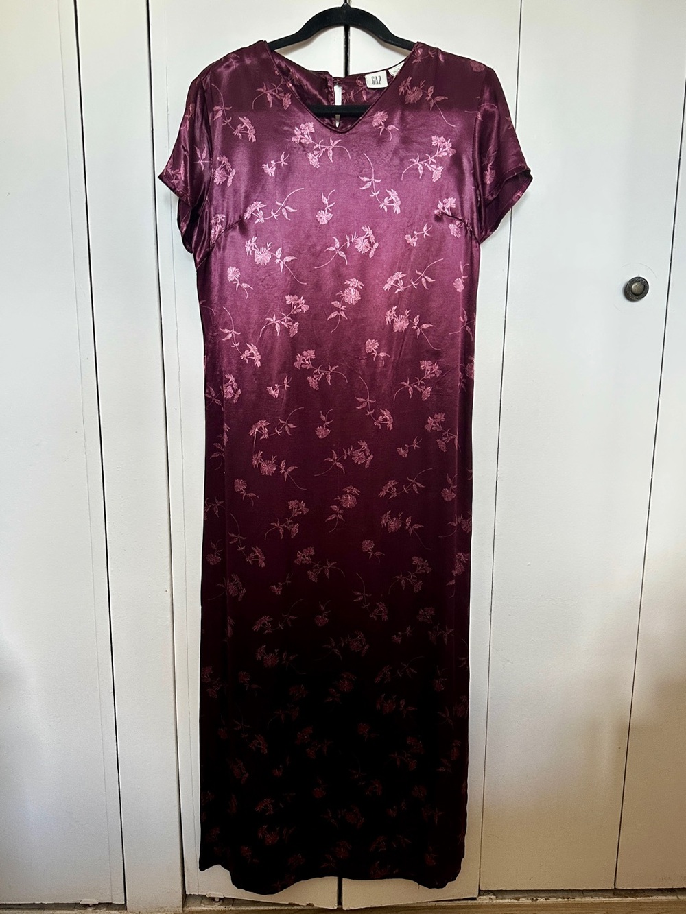 Vintage 90s GAP Burgundy Plum Floral Satin Jacquard Cheongsam Slip Dress 6